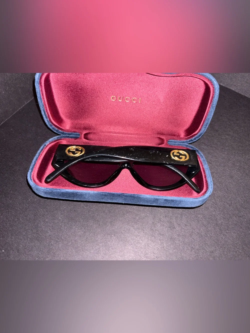 Gucci Black Cat-Eye Sunglasses with Pink Velvet Case and Blue Trim